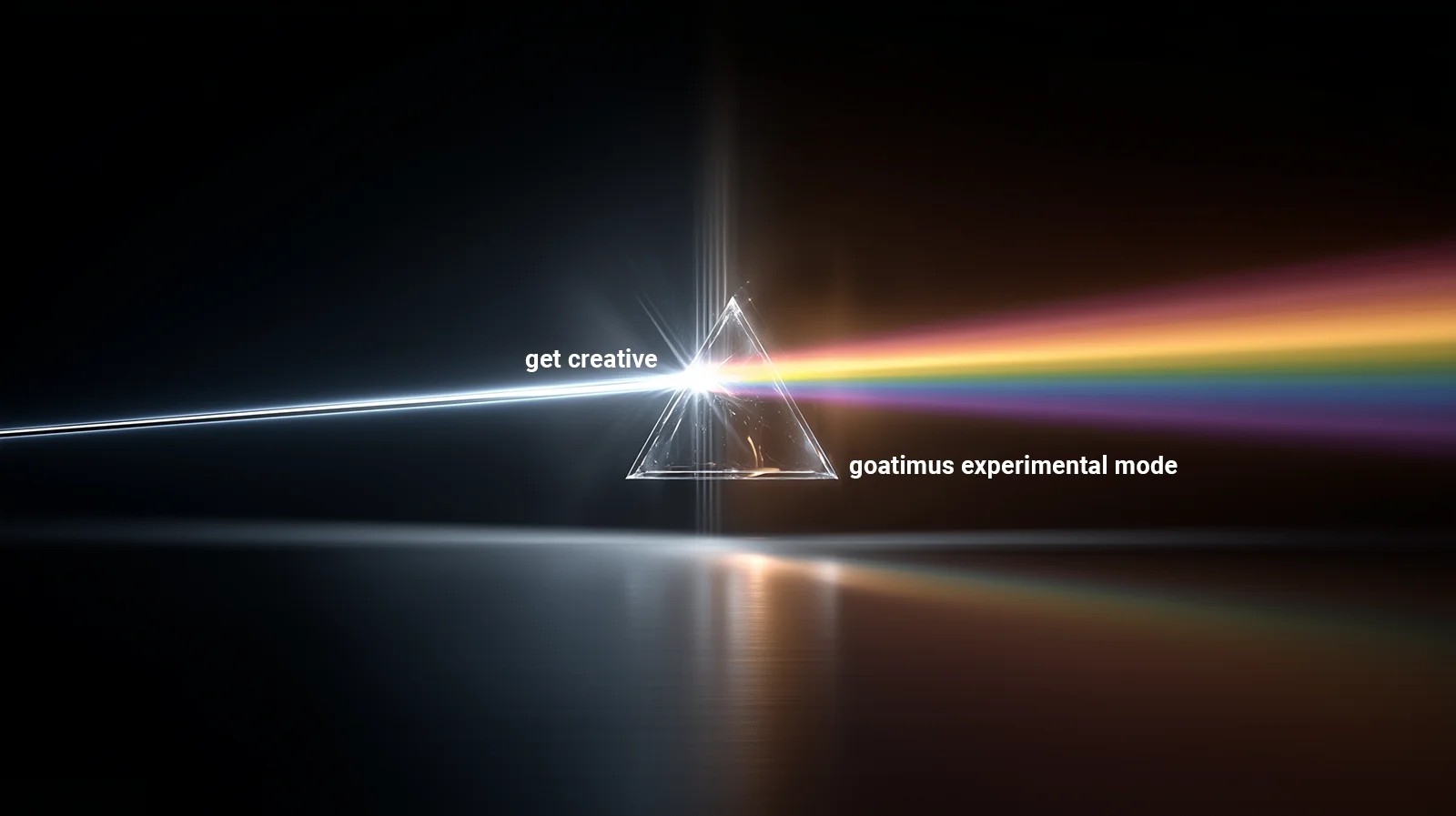 A beam of white light enters a glass prism in a dark space. As it passes through, it splits into a vibrant rainbow spectrum spreading across the right side. The words “get creative” appear near the incoming white beam, and “goatimus experimental mode” appears near the outgoing rainbow light.